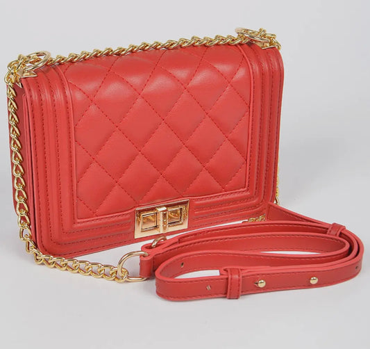 Red Quilted Faux Leather Bag with Gold Chain